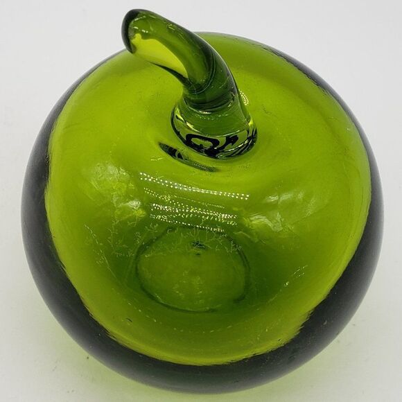 Vintage Viking Glass Solid Green Apple and Stem Blown Art Glass Paperweight - Picture 10 of 14